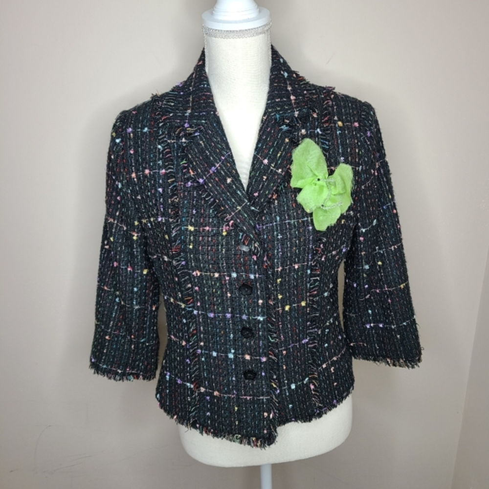 Carole Little Silk‎ Blend Boucle Tweed Fringe Blazer Jacket Size Petite Medium